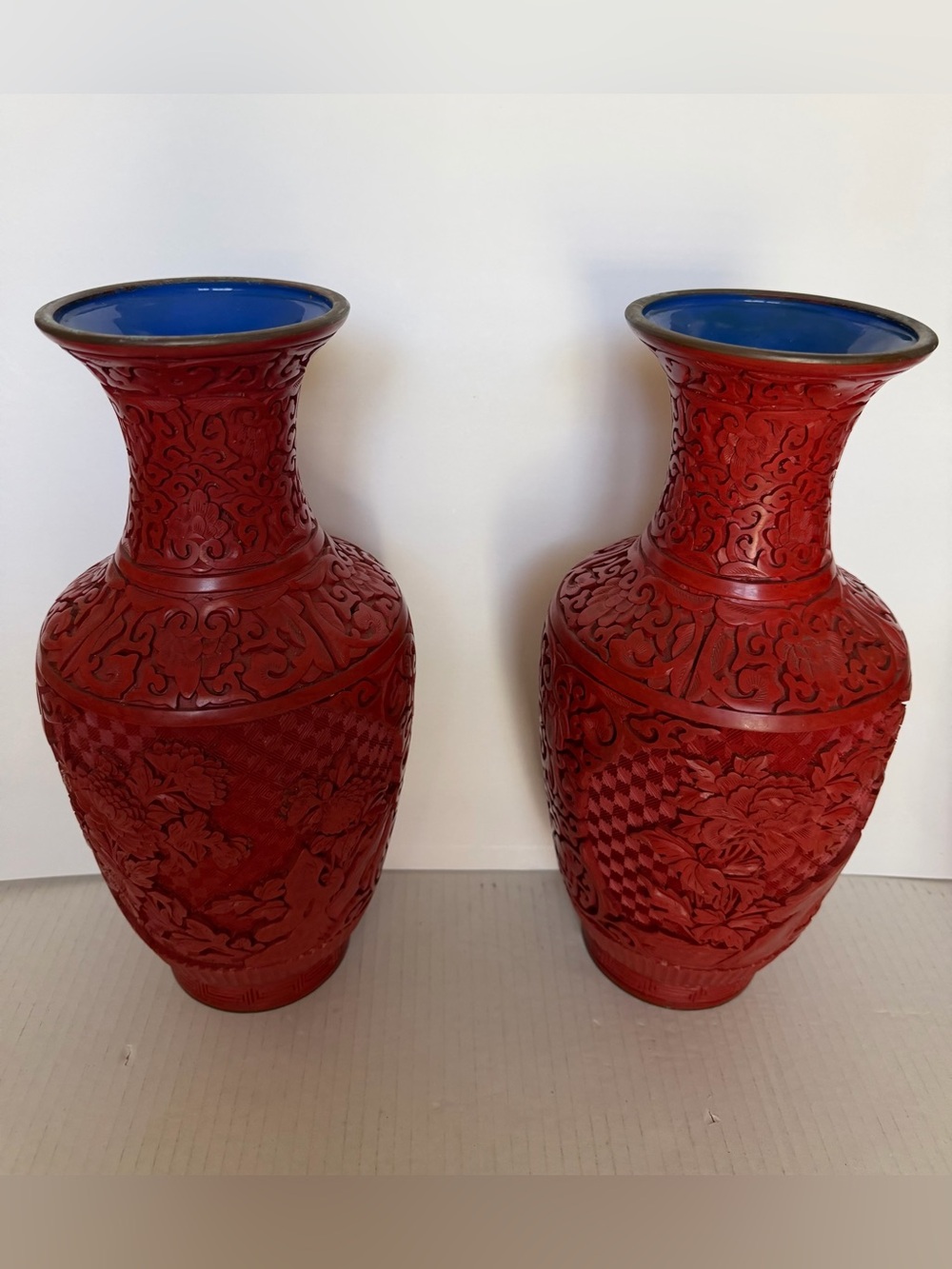 Fine Pair of Vintage Chinese Red Cinnabar Carved Lacquer Enamel Vases 12”